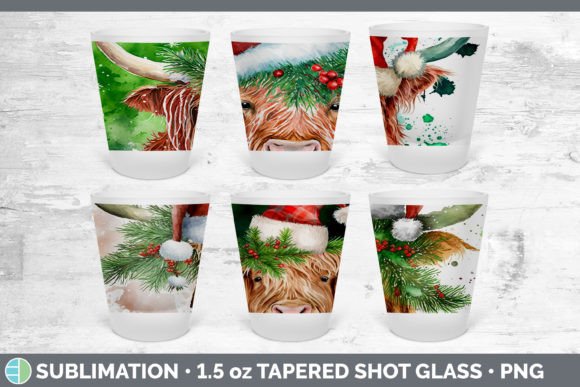 Christmas Highland Cow Shot Glass Sublim Illustrations