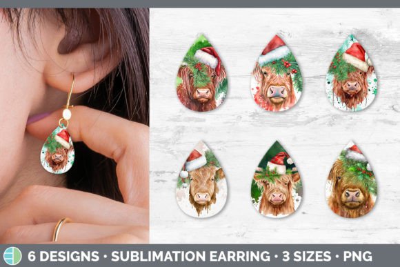 Christmas Highland Cow Teardrop Earring Illustration