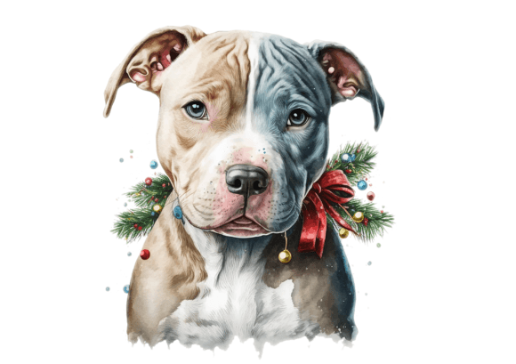 Christmas Pit Bull Terrier Watercolor Illustration
