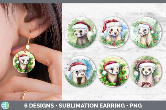 Santa Ferret Christmas Round Earring Illustration